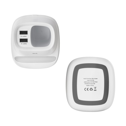 Карандашница Smart Stand с беспроводным зарядным устройством, вентилятором и лампой (2USB разъёма), белый