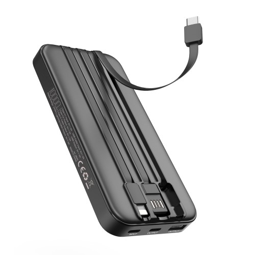 Зарядное устройство Форт 10000 mAh с подсветкой логотипа, встроенными кабелями и цифровым индикатором заряда, черный