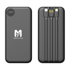 Зарядное устройство Форт 10000 mAh с подсветкой логотипа, встроенными кабелями и цифровым индикатором заряда, черный