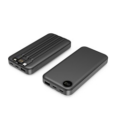 Зарядное устройство Форт 10000 mAh с подсветкой логотипа, встроенными кабелями и цифровым индикатором заряда, черный