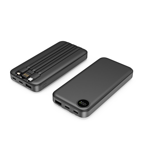 Зарядное устройство Форт 10000 mAh с подсветкой логотипа, встроенными кабелями и цифровым индикатором заряда, черный