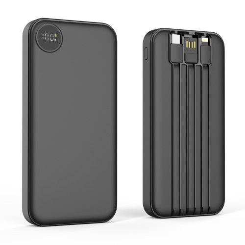 Зарядное устройство Форт 10000 mAh с подсветкой логотипа, встроенными кабелями и цифровым индикатором заряда, черный