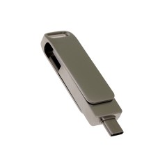 USB 3.0- флешка поворотный механизм 2 в 1, c дополнительным разъемом Type-C с одноцветным металлическим клипом, серый