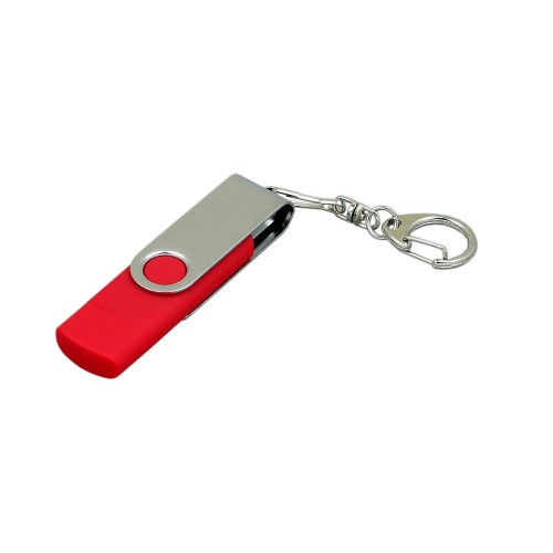 Флешка с поворотным механизмом USB 2.0, c дополнительным разъемом Micro USB,, красный