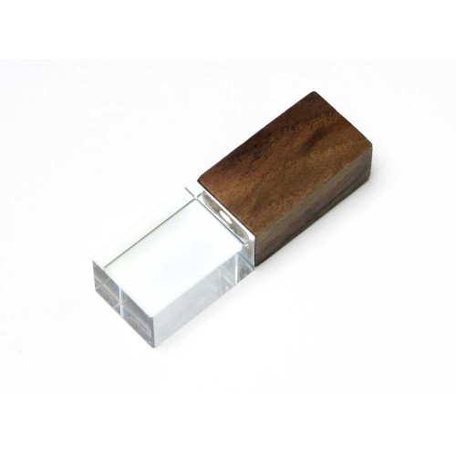 USB-флешка прямоугольной формы USB 2.0, под гравировку 3D логотипа, материал стекло, с деревянным колпачком красного цвета, белый