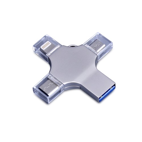 USB-флешка 4 в 1 поворотный механизм USB 3.0, c дополнительными разъемами MicroUSB, TypeC и Lightning, серебристый