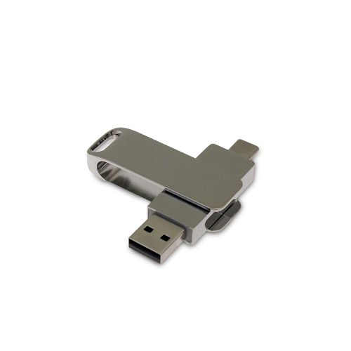 USB 2.0- флешка поворотный механизм 2 в 1, c дополнительным разъемом Type-C с одноцветным металлическим клипом, серебристый