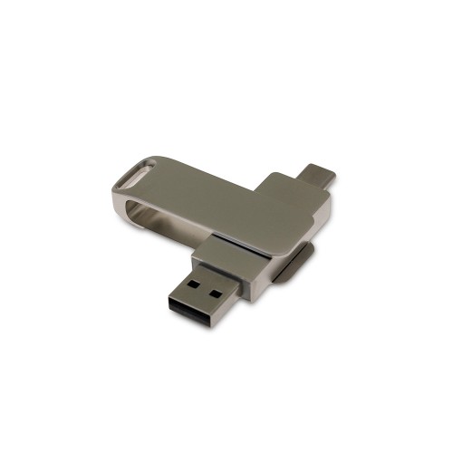 USB 2.0- флешка поворотный механизм 2 в 1, c дополнительным разъемом Type-C с одноцветным металлическим клипом, серый