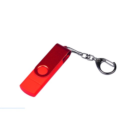 USB-флешка 3 в 1 поворотный механизм USB 2.0, c двумя дополнительными разъемами MicroUSB и TypeC C с одноцветным металлическим клипом, красный