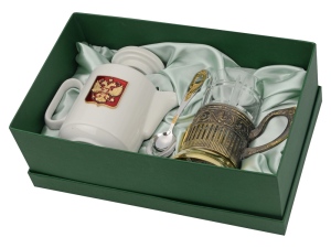 Чайный набор с подстаканником и фарфоровым чайником «ЭГОИСТ-Л», цвет золотистый/белый