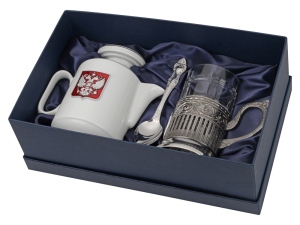 Чайный набор с подстаканником и фарфоровым чайником «ЭГОИСТ-М», цвет серебристый/белый