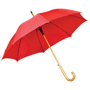 Зонт-трость с деревянной ручкой, полуавтомат, цвет красный