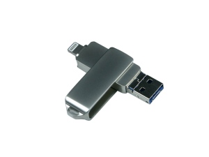 USB-флешка на 32 Гб, интерфейс USB3.0, поворотный механизм,c дополнительными разъемами для I-phone Lightning и Micro USB, полностью металлический корпус