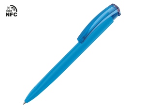 Ручка пластиковая шариковая трехгранная «Trinity K transparent Gum» soft-touch с чипом передачи информации NFC, голубой
