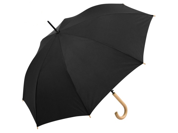 Зонт-трость «Okobrella» с деревянной ручкой и куполом из переработанного пластика, цвет черный