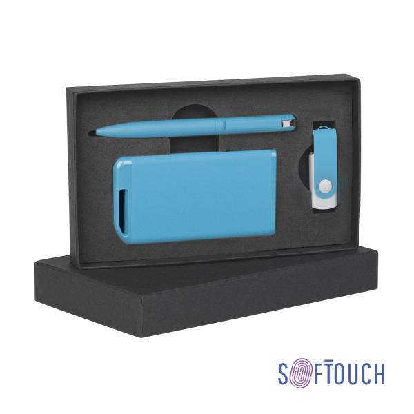 Набор ручка + флеш-карта 16Гб + зарядное устройство 4000 mAh в футляре покрытие soft touch, цвет голубой