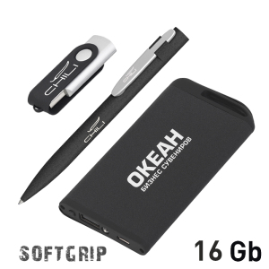 Набор ручка + флеш-карта 16Гб + зарядное устройство 4000 mAh в футляре, покрытие softgrip, цвет черный с серебристым