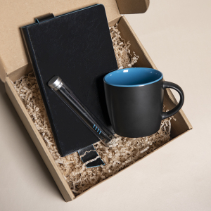 Набор подарочный DESKTOP: кружка, ежедневник, ручка,  стружка, коробка, цвет черный/голубой