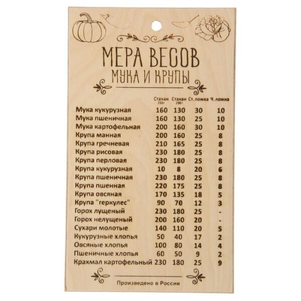 Доска разделочная "Мера весов. Мука и крупы; 25х15х0,5