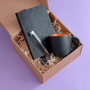 Набор подарочный DESKTOP: кружка, ежедневник, ручка,  стружка, коробка, цвет черный/оранжевый