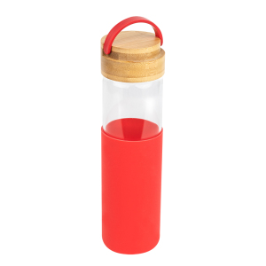 Бутылка стеклянная с силиконовой манжетой и бамбуковой крышкой  Glass, цвет красная